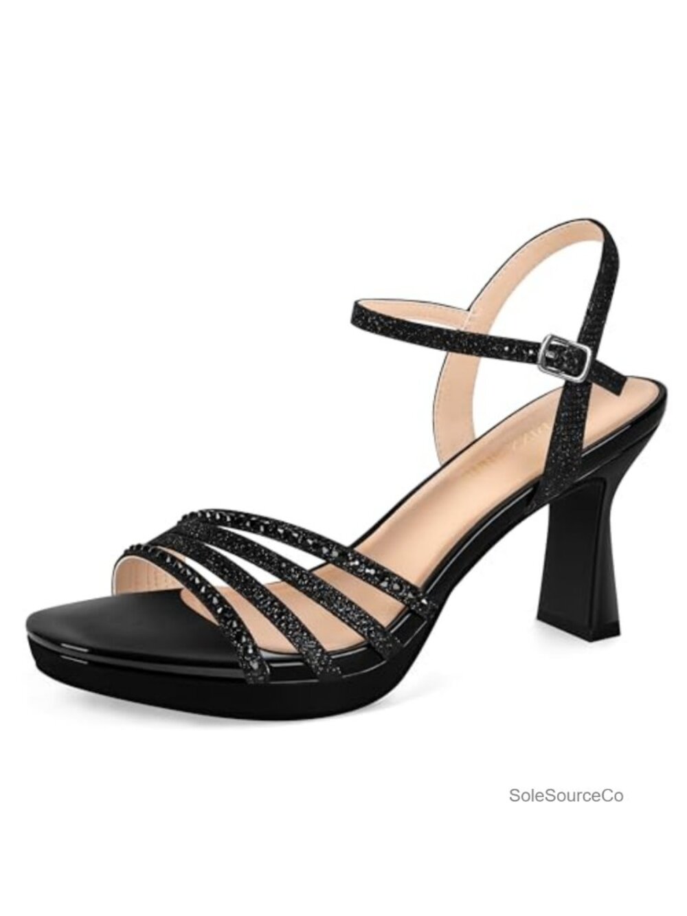 Chunky Platform Heels with Rhinestone Sparkle Open Toe Ankle Strap Party Dress